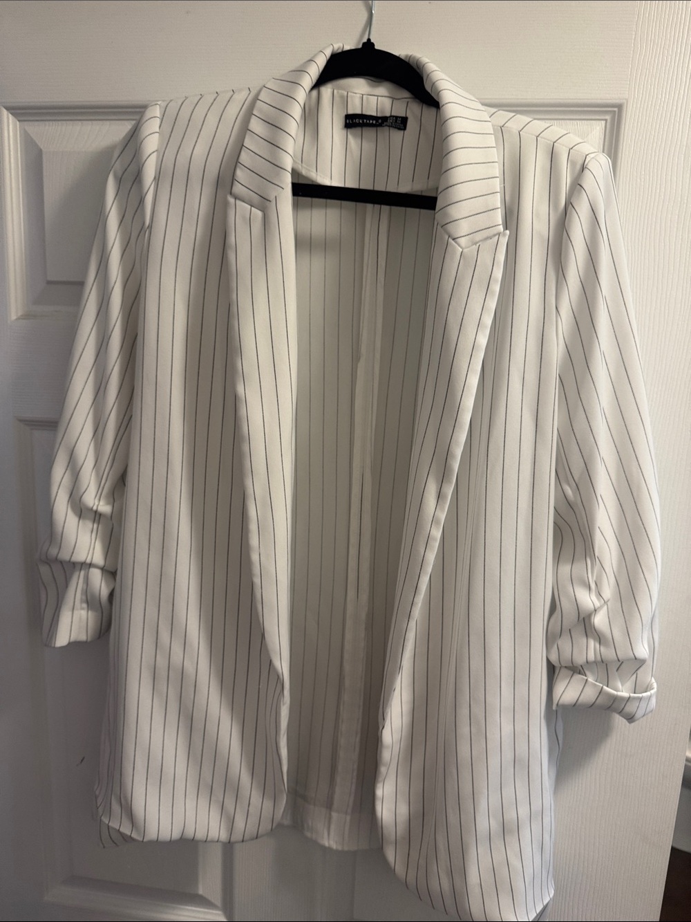 Black Tape_ White Pinstripe Draped Blazer